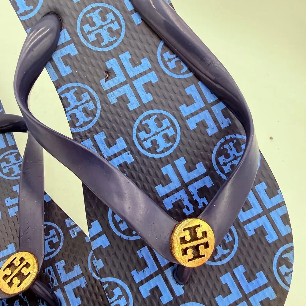 Tory Burch Navy Blue & Gold New Traveler Emblem Thong Flip Flops Sandals Size 9